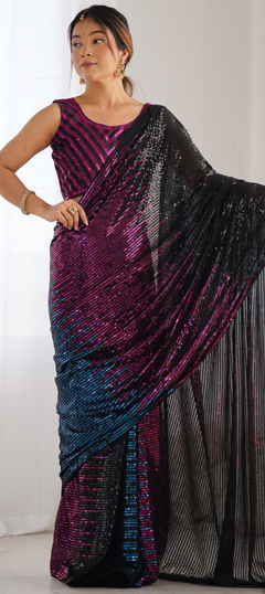 Black and Grey color Saree in Georgette fabric with Sequence work