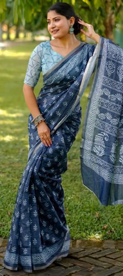 Blue color Saree in Cotton fabric with Printed work