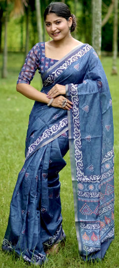 Blue color Saree in Cotton fabric with Printed work