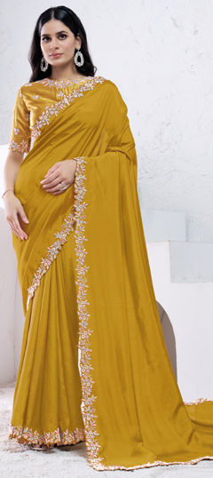 Yellow color Saree in Crepe Silk fabric with Bugle Beads, Stone, Thread work