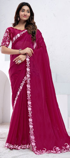 Pink and Majenta color Saree in Crepe Silk fabric with Bugle Beads, Stone, Thread work