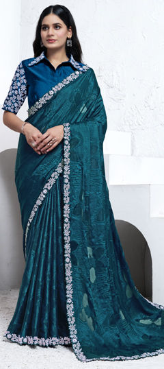 Blue color Saree in Georgette fabric with Bugle Beads, Stone, Thread work