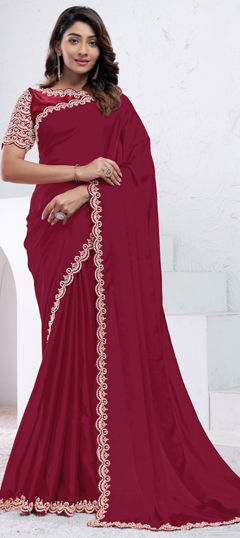 Red and Maroon color Saree in Crepe Silk fabric with Bugle Beads, Stone, Thread work