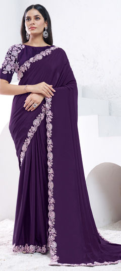 Purple and Violet color Saree in Crepe Silk fabric with Bugle Beads, Thread work