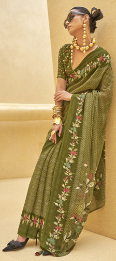 Green color Saree in Georgette fabric with Printed, Weaving work