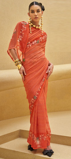 Orange color Saree in Georgette fabric with Printed, Weaving work