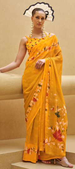 Yellow color Saree in Georgette fabric with Printed, Weaving work