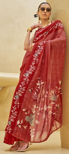 Red and Maroon color Saree in Georgette fabric with Printed, Weaving work