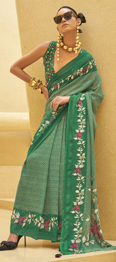 Green color Saree in Georgette fabric with Printed, Weaving work