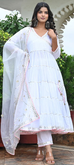 White and Off White color Salwar Kameez in Cotton fabric with Gota Patti work