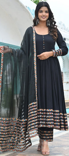 Black and Grey color Salwar Kameez in Rayon fabric with Gota Patti work