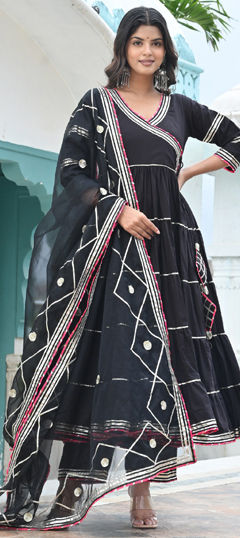 Black and Grey color Salwar Kameez in Cotton fabric with Gota Patti work