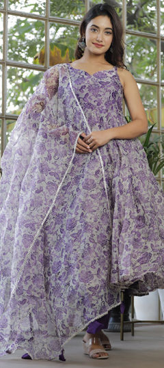 Purple and Violet color Salwar Kameez in Organza Silk fabric with Floral, Gota Patti, Printed work