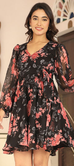 Black and Grey color Dress in Chiffon fabric with Floral, Printed work