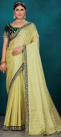 Green color Saree in Silk fabric with Border, Embroidered, Thread work