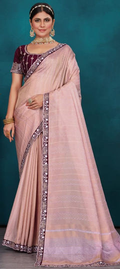 Pink and Majenta color Saree in Silk fabric with Border, Embroidered, Thread work