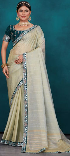 Green color Saree in Silk fabric with Border, Embroidered, Thread work