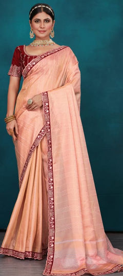 Pink and Majenta color Saree in Silk fabric with Border, Embroidered, Thread work