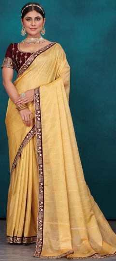 Yellow color Saree in Silk fabric with Border, Embroidered, Thread work