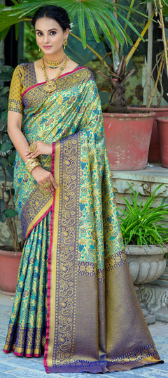 Blue color Saree in Kanjeevaram Silk fabric with Weaving, Zari work