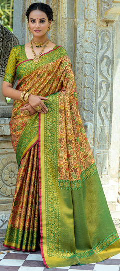 Green color Saree in Kanjeevaram Silk fabric with Weaving, Zari work