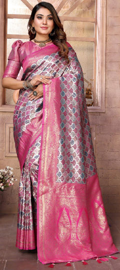 Black and Grey color Saree in Banarasi Silk fabric with Weaving, Zari work