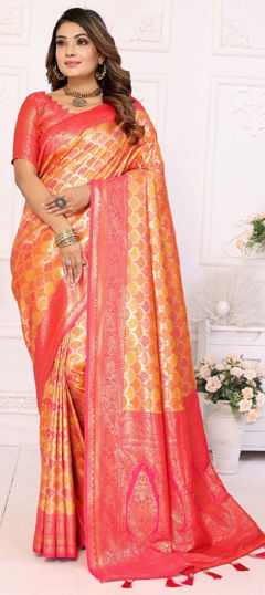 Yellow color Saree in Banarasi Silk fabric with Weaving, Zari work