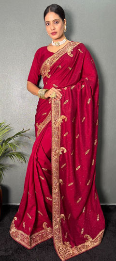 Red and Maroon color Readymade Saree in Silk fabric with Border, Swarovski, Zari, Zircon work