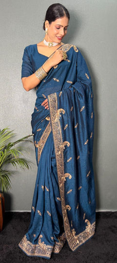 Blue color Readymade Saree in Silk fabric with Border, Swarovski, Zari, Zircon work