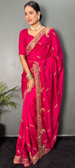 Pink and Majenta color Readymade Saree in Silk fabric with Border, Swarovski, Zari, Zircon work