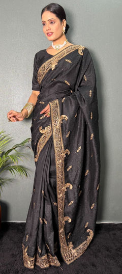 Black and Grey color Readymade Saree in Silk fabric with Border, Swarovski, Zari, Zircon work