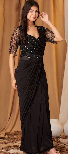 Black and Grey color Readymade Saree in Lycra fabric with Embroidered, Thread work