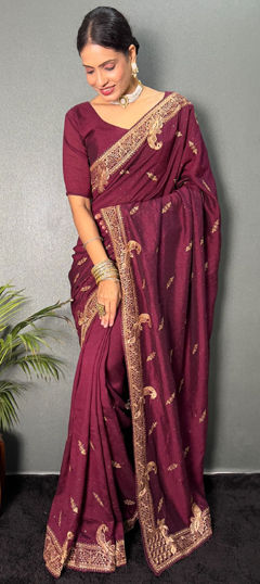 Pink and Majenta color Readymade Saree in Silk fabric with Border, Swarovski, Zari, Zircon work