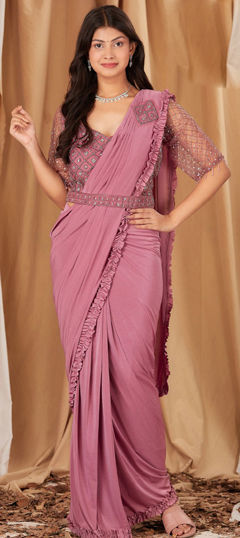 Pink and Majenta color Readymade Saree in Lycra fabric with Embroidered, Thread work