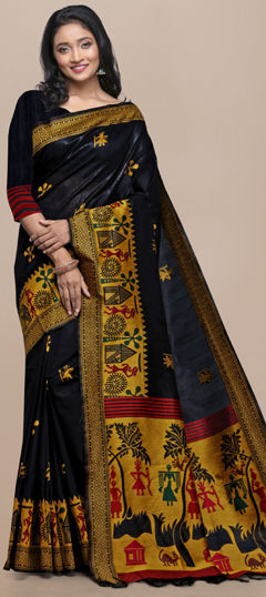 Black and Grey color Saree in Raw Silk fabric with Weaving work