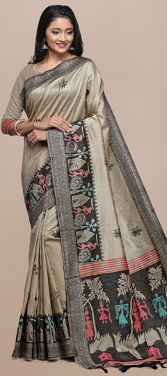 Beige and Brown color Saree in Raw Silk fabric with Weaving work