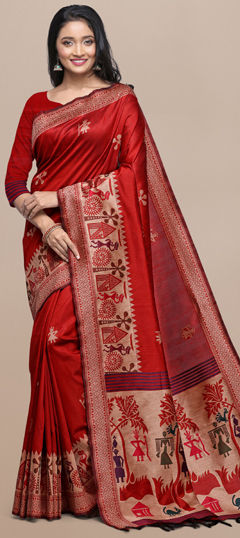 Red and Maroon color Saree in Raw Silk fabric with Weaving work