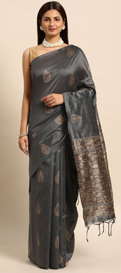 Black and Grey color Saree in Raw Silk fabric with Weaving work