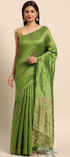 Green color Saree in Raw Silk fabric with Weaving work