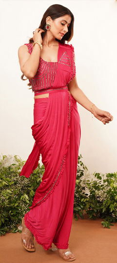 Pink and Majenta color Readymade Saree in Lycra fabric with Sequence work