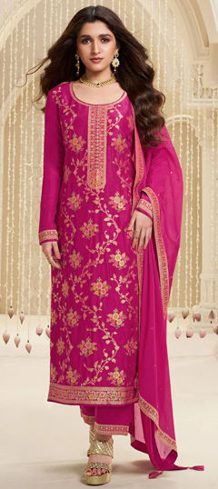 Pink and Majenta color Salwar Kameez in Viscose fabric with Embroidered, Sequence, Thread work