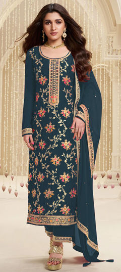 Green color Salwar Kameez in Viscose fabric with Embroidered, Sequence, Thread work