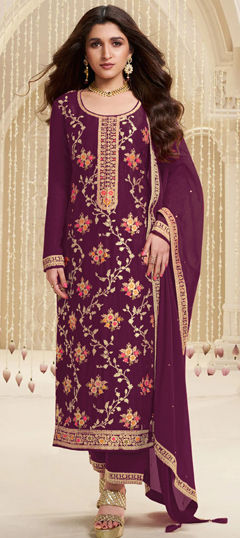 Purple and Violet color Salwar Kameez in Viscose fabric with Embroidered, Sequence, Thread work