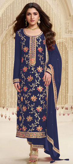 Blue color Salwar Kameez in Viscose fabric with Embroidered, Sequence, Thread work