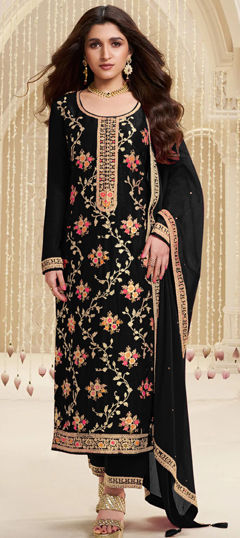 Black and Grey color Salwar Kameez in Viscose fabric with Embroidered, Sequence, Thread work