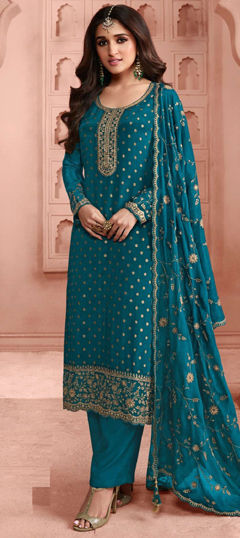 Blue color Salwar Kameez in Jacquard fabric with Embroidered, Sequence, Thread work