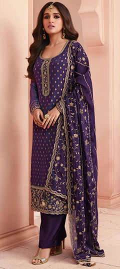 Purple and Violet color Salwar Kameez in Jacquard fabric with Embroidered, Sequence, Thread work