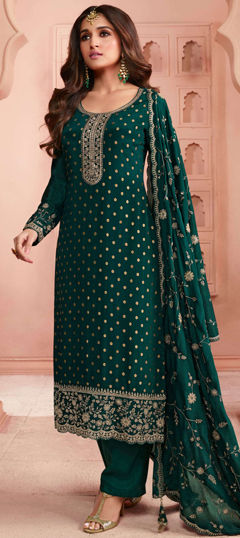 Green color Salwar Kameez in Jacquard fabric with Embroidered, Sequence, Thread work