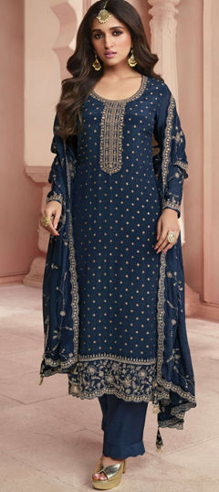 Blue color Salwar Kameez in Jacquard fabric with Embroidered, Sequence, Thread work