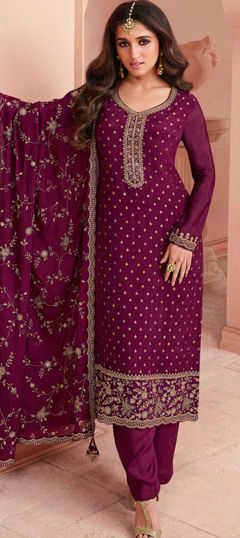 Purple and Violet color Salwar Kameez in Jacquard fabric with Embroidered, Sequence, Thread work